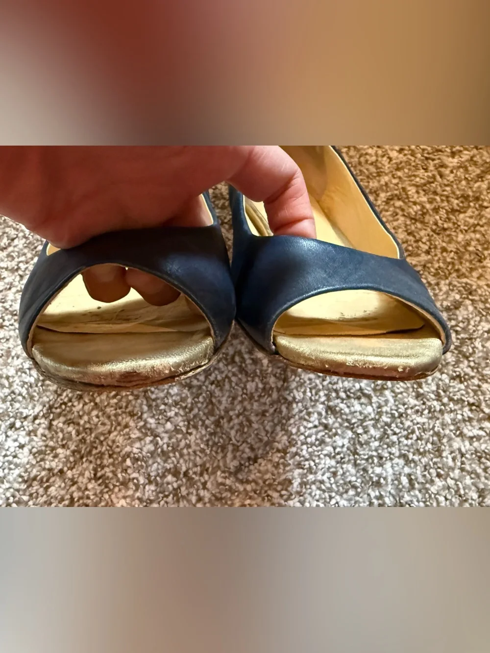 Cole Haan Peep Toe Navy Blue and Gold Flats 8